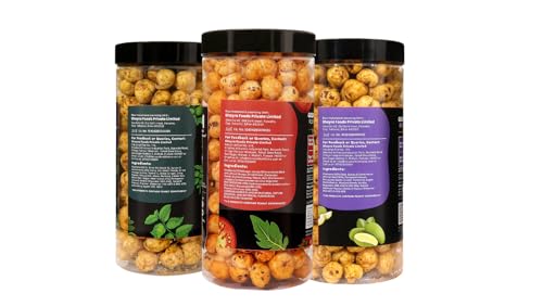 Image of H O M House Of Makhana 195g Tangy Tomato, Pudina + Achari Gourmet Makhana Jar Roasted in Olive Oil, Flavored Makhana Pack of 3 (65gX3)