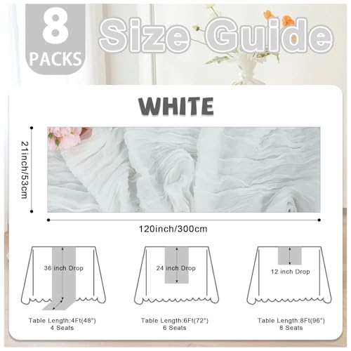 Lodmemo 8 Pack White Cheesecloth Table Runner 21x120 Inch Gauze Table Runners Reusable Polyester 10ft Boho Rustic Cheese Cloth Table Runner for Wedding Party Baby Shower Birthday