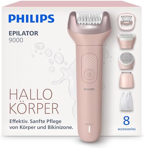 Philips Epilierer Series 9000 - Kabelloser Epilierer für Nass- und Trockenanwendung, Haarentfernung für Beine, Körper und Bikinizone, mit ProGuide, 8 Zubehörteile, 60 Min. Akku, Mo