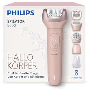 Philips Epilierer Series 9000 - Kabelloser Epilierer für Nass- und Trockenanwendung, Haarentfernung für Beine, Körper und Bikinizone, mit ProGuide, 8 Zubehörteile, 60 Min. Akku, Modell BRE719/00