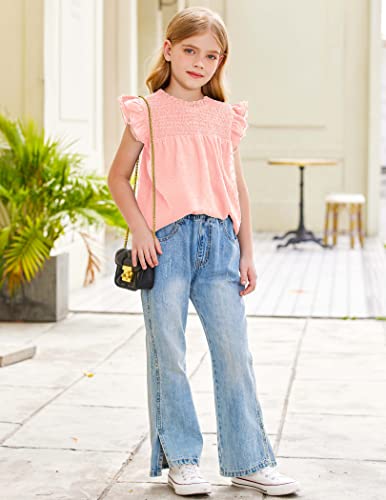 Flypigs Girls Summer Dressy Chiffon Blouses Crew Neck Ruffle Sleeve Tunic Tops Cute Flowy Casual Loose T-Shirts Pink 10-11 Years #TOP4