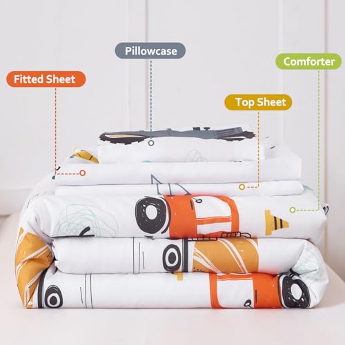 Image of PERFEMET Car Printed Toddler Comforter Set, 4 Pieces Toddler Bedding Sets for Boys, Reversible Tractors Pattern Teen Boy Bed in A Bag Comforter Set with Sheets (Tractor, Toddler)