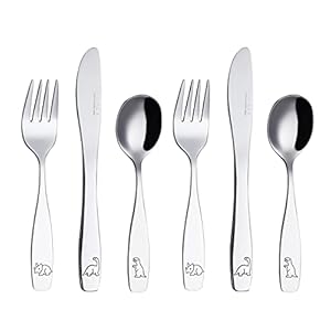 Exzact Kinderbestek roestvrij staal 6 stuks set/kinderbestek/peutergebruiksvoorwerpen/bestek – 2 x vorken, 2 x veilige dinermessen, 2 x tafellepels – gegraveerd ontwerp jongensbestek – dinosaurussen