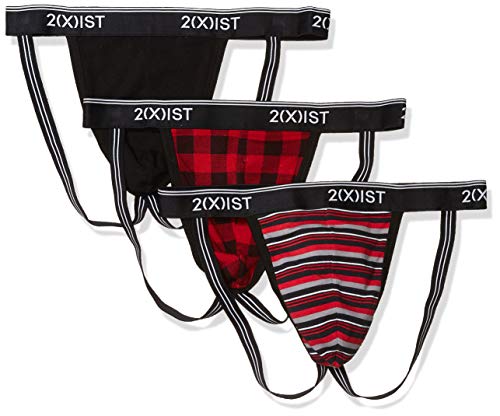 2(X)IST Men's Cotton Stretch Jock Strap 3-Pack,Buffalo Check Scooter/black/Stripe Scooter - 67216,Medium