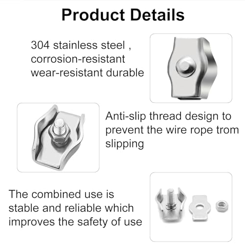 Drahtseilklemme M3, 12 Stück Seilklemme 3mm Klemme Edelstahl 304 Drahtseilklemmen Kabelklemmen für Drahtseil Stahlseil Wäscheleinenspanner Markise Fixiert