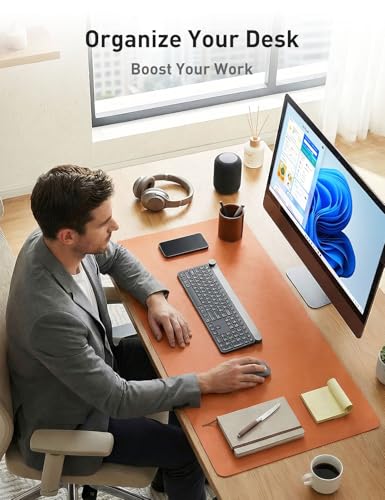 Image of Aothia Faux Leather Desk Mat - Large Mouse Pad, Non-Slip PU Leather Blotter, Waterproof Writing Surface for Office and Home (Hermes Orange, 55 inch x 17 inch)