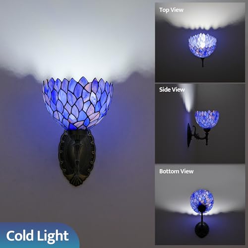 Image of Tiffany Wall Sconce Hand-Weld Stained Glass Bedside Lamp with Classic 8 Inches Wisteria Blue Purple Lampshade for Bedroom Hallway Living Room Home Office
