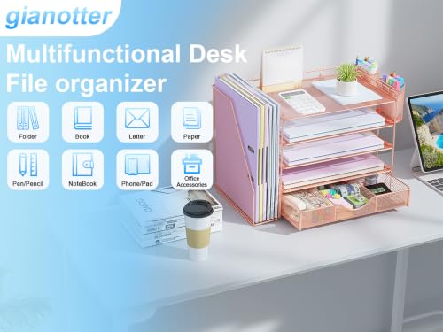 Image of gianotter 5-Tier Desk Organizer with Drawers and File Holders | Letter Trays and Pen Holders - Workspace Accessories for Office Supplies (Rose Gold)