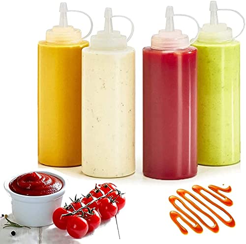 DELFINO 4Pcs Squeeze Squirt Condiment Bottles with Cap Lids and Discrete Measurements for Sauce Ketchup Bbq Dressing Paint Workshop Pancake Art Dispenser Perfect for Condiments Oil Liquids - 240ml