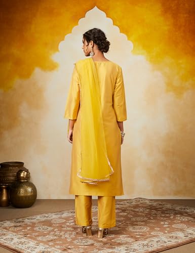 Image of Amazon Brand - Myx Women's Embroidered Kurta Pant Set with Mesh Dupatta (Available in Plus Sizes)