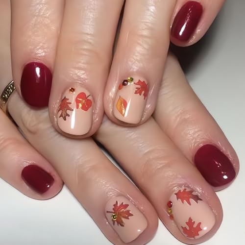 Thanksgiving Press on Nails Short Square Fake Nails with Maple Leaves Rhinestones Designs Fall Nails Press ons Glossy Glue on Nails Burgundy Acrylic Nails Red Stick on Nails for Women 24Pcs