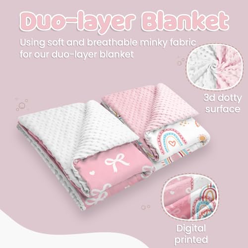 Image of SANDJEST Minky Blanket 2 Pack with Dotted Back 30 x 40 Inches, Gift for Christmas Birthday (Bow, Rainbow)