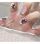 Winter Flower Press on Nails Black French False Nails Glossy Pink Cat Eye Acrylic Fake Nails 24Pc...