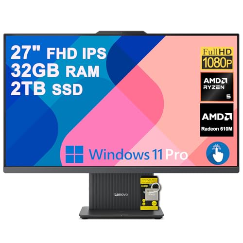 Image of Lenovo IdeaCentre AIO Desktop 27 inch FHD Touchscreen (99% sRGB) AMD 6-core AMD Ryzen 5 7535HS 32GB RAM 2TB SSD Type-C Harman Speaker Wi-Fi6 5MP Camera Win11Pro ICP Hub