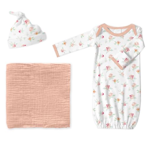 Image of SwaddleDesigns Baby Gift Set, Peachy Pink Muslin Swaddle Blanket and Watercolor Floral Newborn Hat and Pajama Gown with Mitten Cuffs, Softest Cotton