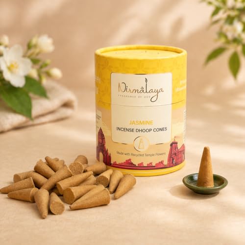 Image of Nirmalaya Premium Jasmine Dhoop Cones | 60 Bambooless Incense Cones with Stand | Made from Sacred Flowers | Charcoal Free Cones | 25 Min Burn Time for Pooja & Meditation