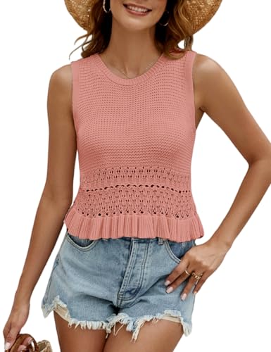 Image of VIMPUNEC Womens Crochet Crop Tank Tops Sleeveless Knit Sweater Vest Ruffle Hem Summer Top