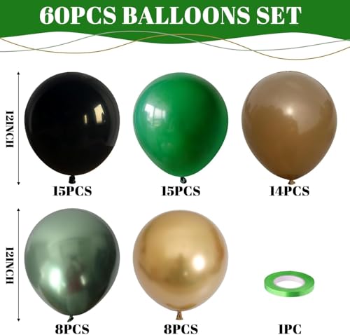Image of Green and Brown Balloon, 60Pcs 12Inch Dark Green Black Metallic Gold Latex Balloon, Metallic Avocado Tan Chrome Gold Balloons for Camo Camping Game Army Jungle Safari Theme Birthday Party Decor