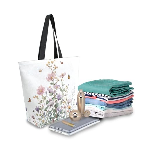 Extra Large Shoulder Tote Bag for Beach Travel Weekender Gym Watercolor Pink Flowers Green Leaves Butterfly Reusable Grocery Canvas Shopping Bag3