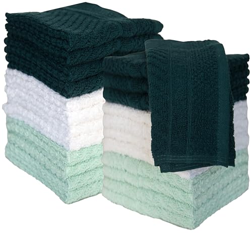 Image of PH Pleasant Home Diagonal Wash Cloths Set - 12 Pack (12 inch x 12 inch) - 509 GSM - 100% Ring Spun Cotton Wash Cloth - Super Soft and Highly Absorbent Face Towels (Green, White & Mint)