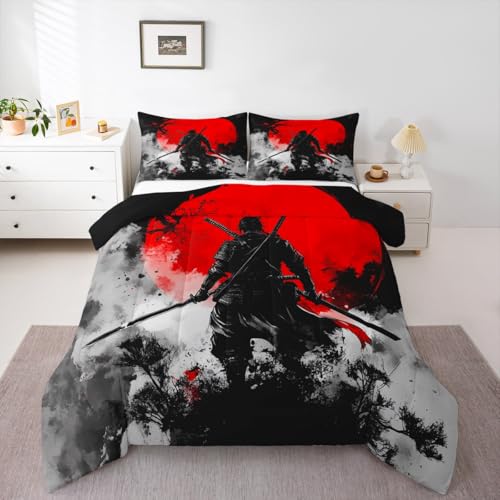 Image of Feelyou Japanese Samurai Comforter Set All Season Warrior Bushido Bedding Set with 1 Pillow Cases Black Red Microfiber Kids Toddler Bedclothes Mount Fuji Bedroom Decor Duvet Quilt Breathable Soft