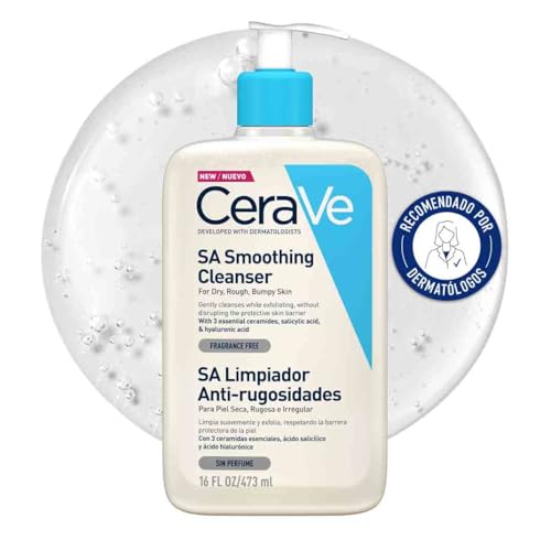 CeraVe, Gel SA Limpiador Espumoso Anti-rugosidades, Para Piel Seca, Rugosa e Irregular, Limpia Suavemente y Exfolia, Enriquecido Con Ceramidas Esenciales, Ácido Salicílico y Ácido Hialurónico, 473ml