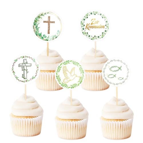 Gleevio 25 piezas decoración para tartas comunión niño niña cupcake Topper comunión decoración pastel decoración 4,5 cm magdalenas decoración primera comunión pescado cruz decoración bautismo