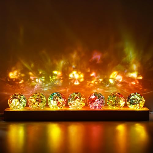 Set of 7 Crystal Balls Night Light Decor Healing Spheres with LED Wooden Stand for Meditation Energy Balancing Home Office Decoration for Women/Mom