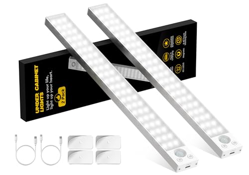 Image of Under Cabinet Lights 14.5 Inch,Under Cabinet Lighting 63LEDS 2500mAh,Motion Sensor Light Indoor Rechargeable Battery Operated,Dimmable Under Counter Lights for Kitchen,Drawers,Wardrobe,Stair Bedroom