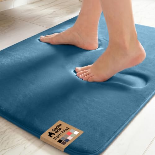 Image of GORILLA GRIP Memory Foam Bath Mat, Soft Absorbent Velvet Bathroom Mats, Durable Dots on Underside, Machine Washable Bathmat, Carpet Rug Room Decor for Shower Tub Floor RV, 30x20 Rugs, Blue