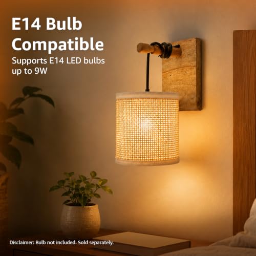 Image of Amazon Basics Rattan Light Weave Wall Lamp | Natural Rattan Shade with Wooden Bracket | E14 Holder | Decorative Wall Light for Bedroom, Living Room, Hallway & Home Decor