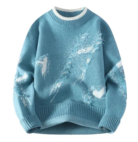 Men Ripped Knit Sweater Crew Neck Long Sleeve Casual Loose Pullover
