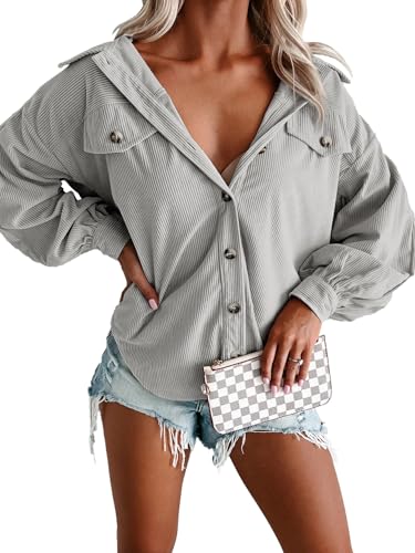 Womens Puff Long Sleeve Corduroy Jacket Casual Solid Button Coat Fall Fashion Loose Outfits Tops