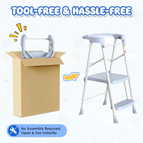 Image of HBTower Kids 2 Steps Step Stool,Toddler Tower for Kitchen Counter Learning,Toddler Kitchen Stool Helper with Anti-Drop Safty Railing Kids Standing Folding Stepper(Blue)