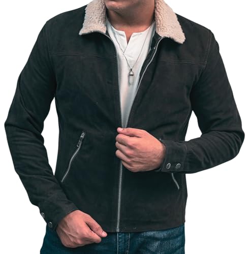 Image of Hide & Seek Men's Vintage Suede Leather Rugged Motorcycle Shirt Survival Iconic Fur Collar Season 5 Inspired Leather Jacket