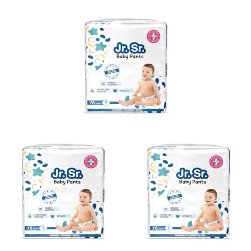 Image of Jr. Sr. Baby Diaper Pants | Small (S) Size (4-8 kg), 76 Count | Pack of 3 | Upto 12 hr Absorption with Advanced Leak Protection | Safe For Babies Skin | Soft, Secure & Comfy