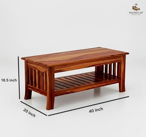 Image of Solid Sheesham Wood Coffee Table for Living Room | Wooden Rectangle Coffee /Tea Table with Storage |Center Table with Storage Teapoye for Home, Living Room, Balcony (Honey Finish)