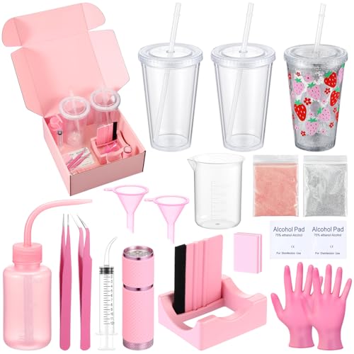 Baderke 20 Pcs Snow Globe Tumbler DIY Kit 16 oz Tumbler Squeeze Bottle, Glitter, Funnel Tweezer Silicone Cup Cradle Measuring Cup Glove Flashlight Buffer for Beginner(Pink,Cute)
