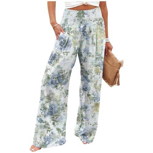 Pants for Women Floral Stretch High Waisted Flowy Pants Smocked Waist Summer Wide Leg Baggy Trouser Ruched Pocket 2025