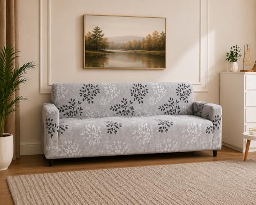 Image of Universal 3 Seater Sofa Cover Fully Covered Stretchable Spandex Non-Slip Elastic Slipcover | Soft Washable Fabric Sofa Protector for Living Room Furniture (Silver Leaf Elegance)