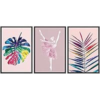 SIGNWIN Framed Canvas Print Wall Art Rainbow Monstera & Palm Leaves with Ballerina Nature Athletes Illustrations Modern Art Chic Relax/Calm Ultra for Living Room, Bedroom, Office - 16