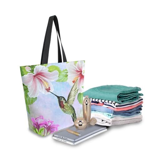 Image of Bird Canvas Tote Grocery Bag Shoulder Casual Book Bag Large for Women Teachers, Hummingbird Floral Cotton Bag Shopping Purse Handbag Reusable Multipurpose Use