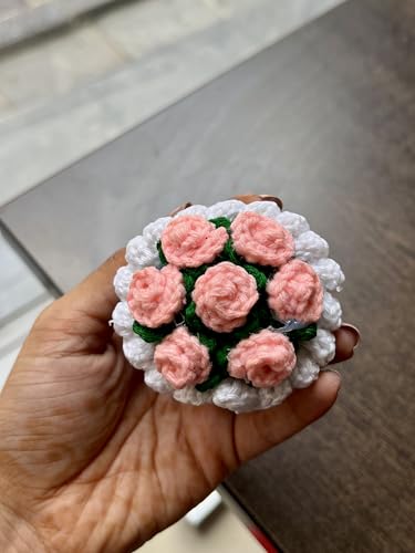 Image of Handmade Crochet Floral Bouquet Keychain, Blue Base with Pink Roses, White Cloud Detail, Decorative Bag Charm