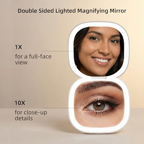 Image of Compact LED Travel Magnifying Makeup Mirror - 1X /10X Rechargeable 4-inch Magnifying Mirror with Light, 3-Level Dimmable, Compact Portable Mirror for Purses & Travel