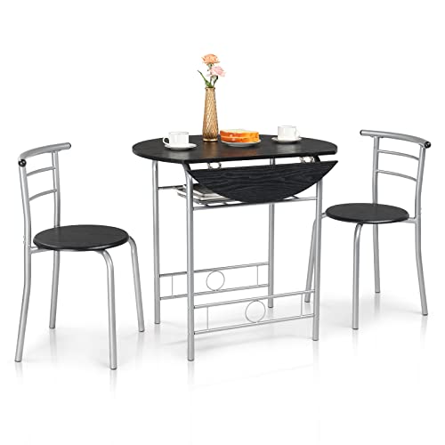 Image of VINGLI 31.5 inch Drop Leaf Dining Table Set for 2, 3 Pieces Dining Table with Chair for Small Space, Small Kitchen Extendable Folding Dining Table for Dining Room,Home, Apartment, Saving Places, Black