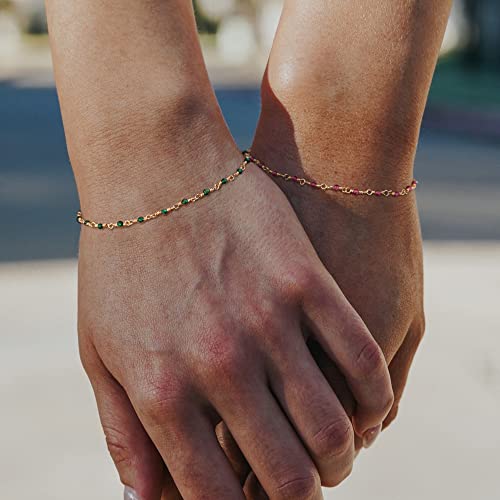 MEVECCO Dainty Gold Beads Bracelets,18K Gold Plated Handmade Cute Rose Red Zircon Bead Chain Minimalist Bracelet for Women Jewelry Gifts4