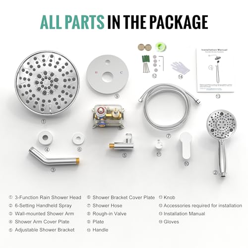 Image of SR SUN RISE Shower Faucet - 8 Inch Multifunctional High Pressure Shower Head System with Handheld Shower Head Fixtures - Valve Included - Polished Chrome