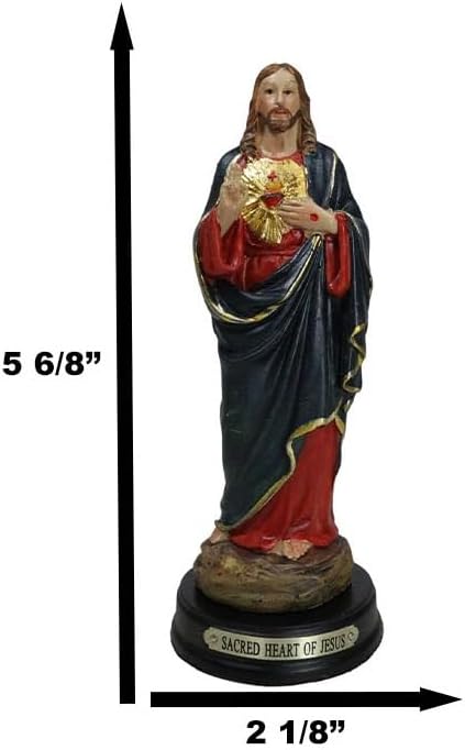 Miniatura 2 de Ebros Gift Estatua de Jesucristo de Iglesia católica con corazón sagrado con latón chapado en latón, nombre de título base de madera, 5 pulgadas de