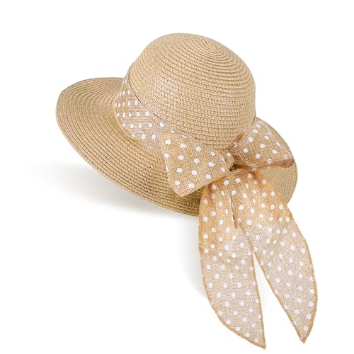 Girls Straw Sun Hat with Bowknot, Boho Summer Beach Hat, Wide Brim Floppy Hat, Outdoor Sun Protection Hat for Kids Ages 3-6