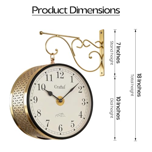 Image of CRAFTEL Double Sided Station Wall Clock Multi-Layer Electroplated | Aluminum Matte-Finish Dial Metal Body | Dial - 10 Inches, Shiny Gold | 365 Days Warranty